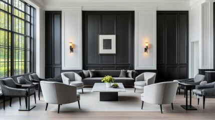 Fototapeta premium Elegant and Modern Living Room Interior Design with Gray Furniture and Minimalist Aesthetic