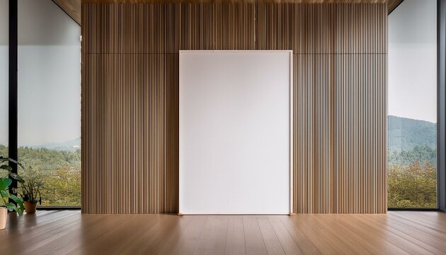  Minimalist interior design featuring a blank vertical poster with a soft white surface, posi 