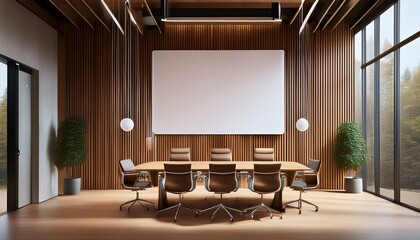 Modern industrial-themed conference room with a blank white poster hanging on a cable-mounte
