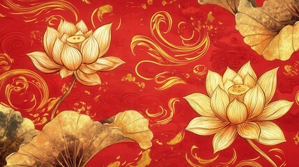 Red and Gold Lotus Textile: Elegant lotus blossoms in gold, rendered with exquisite detail against a rich red background adorned with swirling golden patterns.