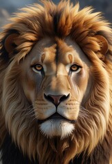 Fototapeta premium Lion's majestic face with a flowing mane and the wind blowing through its fur, lion's pride, majestic creature