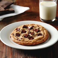 A scrumptious chocolate chip cookie with gooey chocolate chunks and a sprinkle of sea salt, served on a white plate, Chocolate chip cookie centered