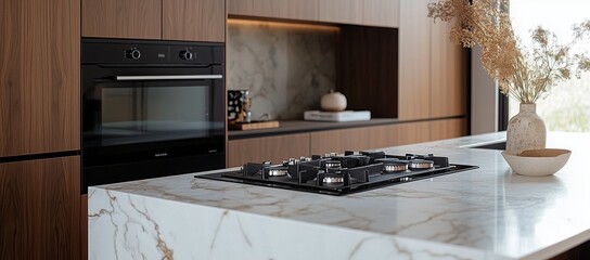 Modern kitchen interior featuring marble countertop and sleek appliances in bright natural light
