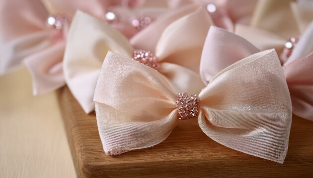 Soft tulle bow clips with subtle glitter accents in pale pink and ivory, resting on a wooden
