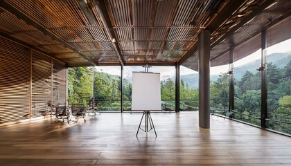 Wide-angle view of a modern conference room with a freestanding blank white poster on a trip
