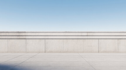 Obraz premium Modern concrete retaining wall design with clear blue sky backdrop, showcasing minimalistic architecture and clean lines, perfect for construction projects