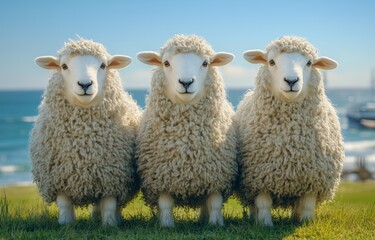 Fototapeta premium Three fluffy sheep standing close together on a sunny day near the ocean shore