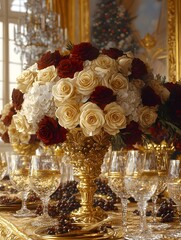 Elegant Red Ivory Rose Bouquet in Gold Vase Festive Table Setting