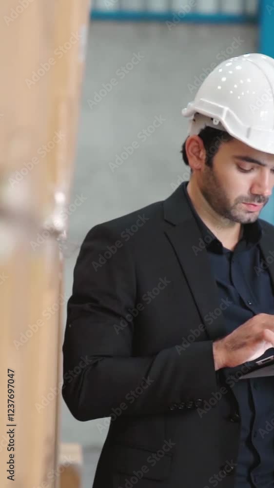 Poster factory manager using tablet computer in warehouse or factory . industry and supply chain management