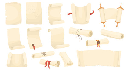 Set of ancient paper scrolls with empty space for text. Magic papyrus scrolls of different shapes, unfolded pages and rolled up with ribbon. Vector illustration isolated on transparent background.