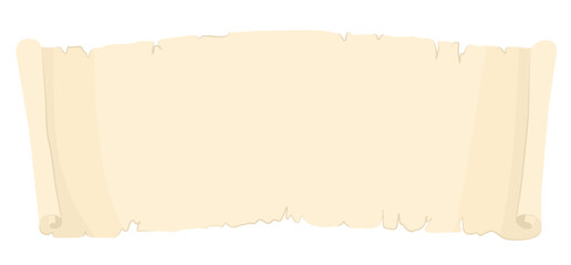 Ancient paper scroll with empty space for text. Horizontal banner format. Magic papyrus scroll, unfolded page. Element for game design. Vector illustration isolated on transparent background.
