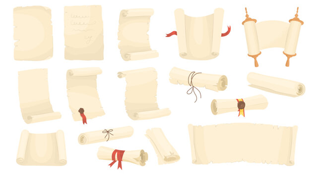 Set of ancient paper scrolls with empty space for text. Magic papyrus scrolls of different shapes, unfolded pages and rolled up with ribbon. Vector illustration isolated on transparent background.