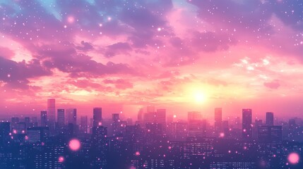 Obraz premium Pink city sunrise, glittering particles, dreamy sky, urban fantasy, website banner