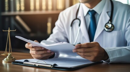 medical law attorney, Asian male attorney in a courtroom, assertive and confident, medical files in hand, strong expression