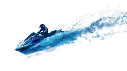Pilot riding jet ski leaving water trail with transparent background