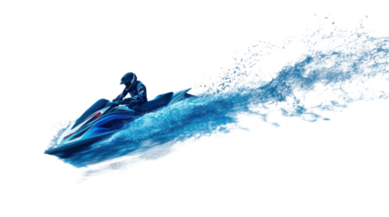 Pilot riding jet ski leaving water trail with transparent background