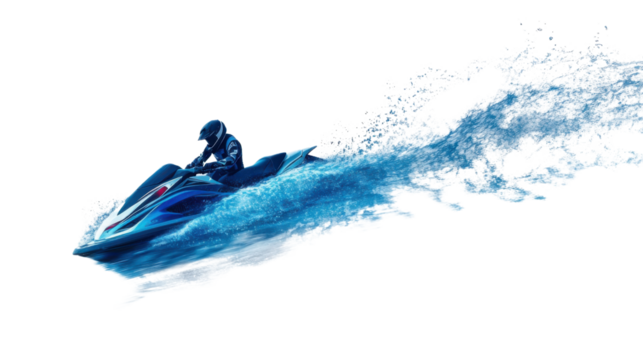 Pilot riding jet ski leaving water trail with transparent background