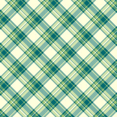 A tartan plaid seamless pattern with teal, cream, and light green colors. The design features intersecting lines and squares, a symmetrical grid commonly used in textiles and fashion.