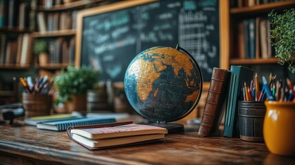 Classroom Globe and Books on Wooden Desk