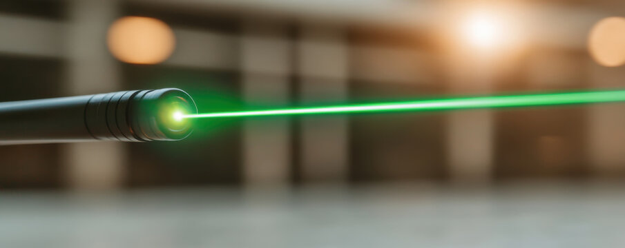 sleek laser tool emits vibrant green beam, showcasing precision and technology in modern setting. background features soft bokeh lights, enhancing focus on laser