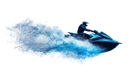 Pilot riding jet ski leaving water trail with transparent background