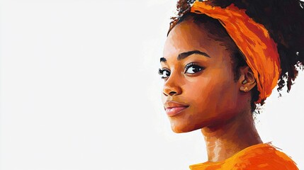 A warm-toned watercolor portrait of an African girl in a colorful headscarf, ideal for Black History Month campaigns, introspective art designs, and cultural celebrations.
