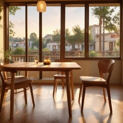 Obraz premium Minimalist wooden dining table with a slight blur effect, set against a warm golden light background in a cozy cafe, soft, natural, dark