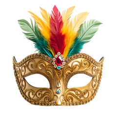Elegant gold masquerade mask adorned with colorful feathers and gemstones, celebration