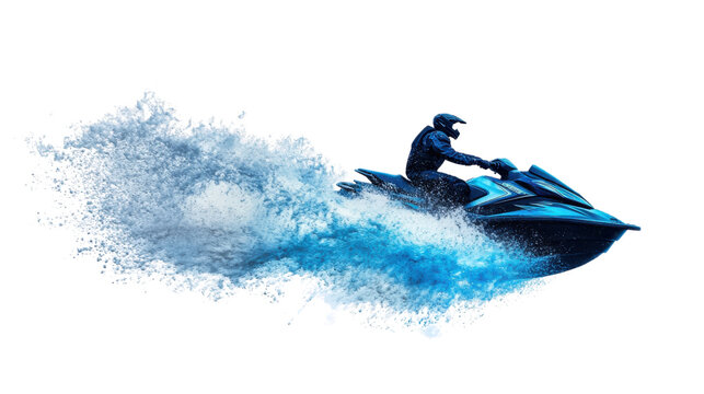 Pilot riding jet ski leaving water trail with transparent background