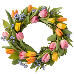 Circular wreath made of tulips in pink, yellow, and orange, with green leaves and blue flowers, spring © Anna