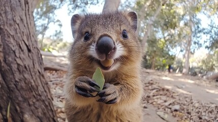 Obraz premium Adorable Quokka Holding a Leaf in Australian Bush