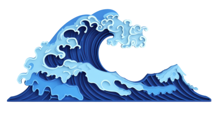 Stylized paper cut wave breaking with transparent background