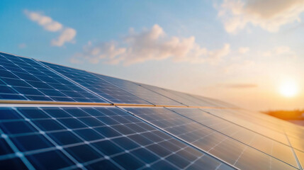 Solar panels installed on rooftops capture sunlight, promoting renewable energy. scene showcases beautiful sunset, highlighting importance of sustainable living