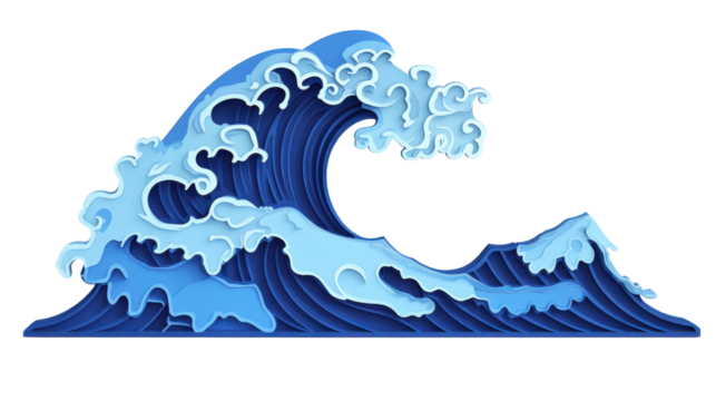 Stylized paper cut wave breaking with transparent background