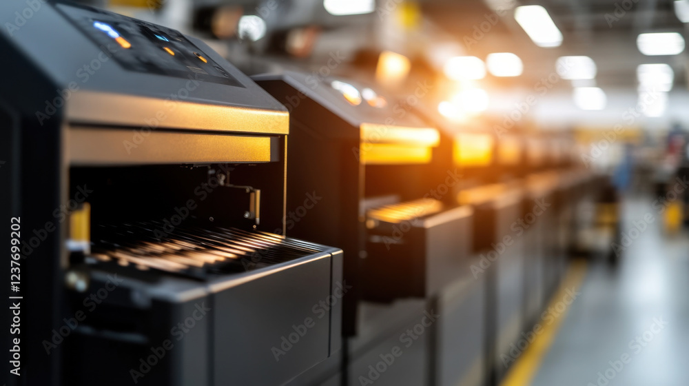Poster automated printing machines in modern industrial setting, showcasing advanced technology and streaml