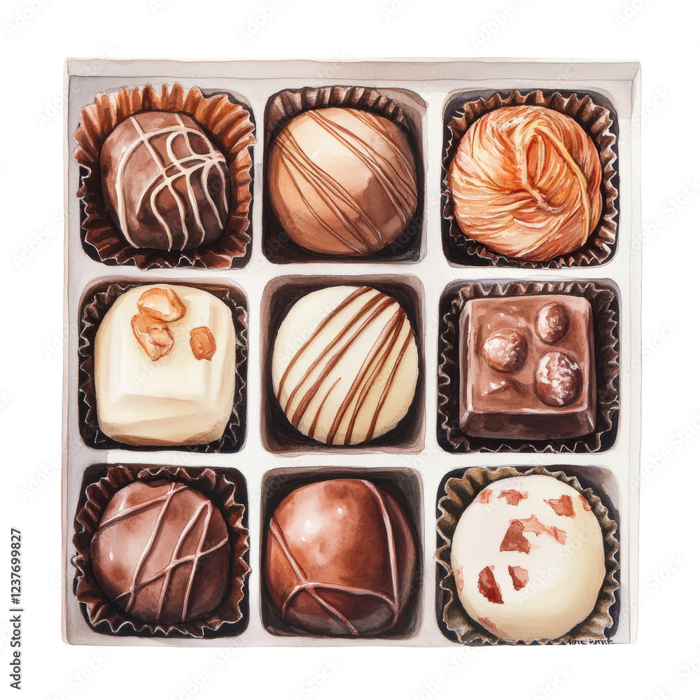 Poster a watercolor painting depicts a box of nine assorted gourmet chocolates, each with a unique design a