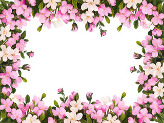 Obraz premium A beautifully framed border of blossoming pink and white flowers with green leaves, symmetrically arranged for a vibrant springtime feel, isolated on transparent background PNG