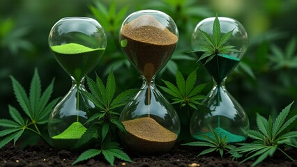 Marijuana leaves intertwined with sand clocks running out, symbolizing time and fragility.