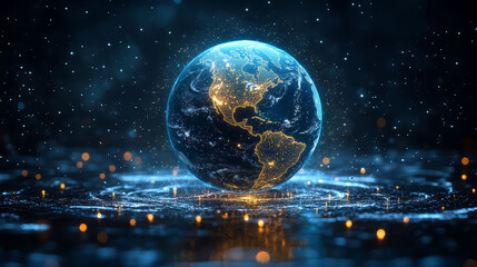 A glowing digital representation of Earth surrounded by sparkling elements and light.