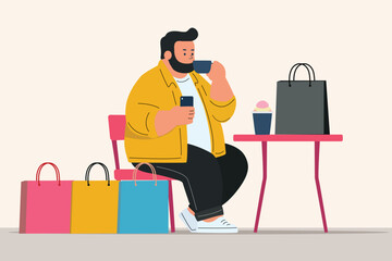 soloist or single by choice , lifestyle concept, happy chubby fat man drink coffee and use phone, shopping sale advertisement ,online delivery promotion, minimal flat cartoon vector