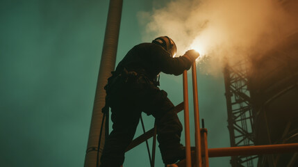 Welding process in power plant at night, showcasing worker in action. scene captures intensity and focus required for industrial tasks