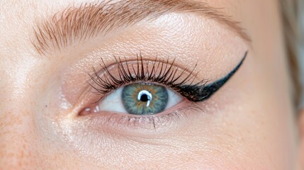 Obraz premium Close-up eye makeup, winged liner, green iris, beauty