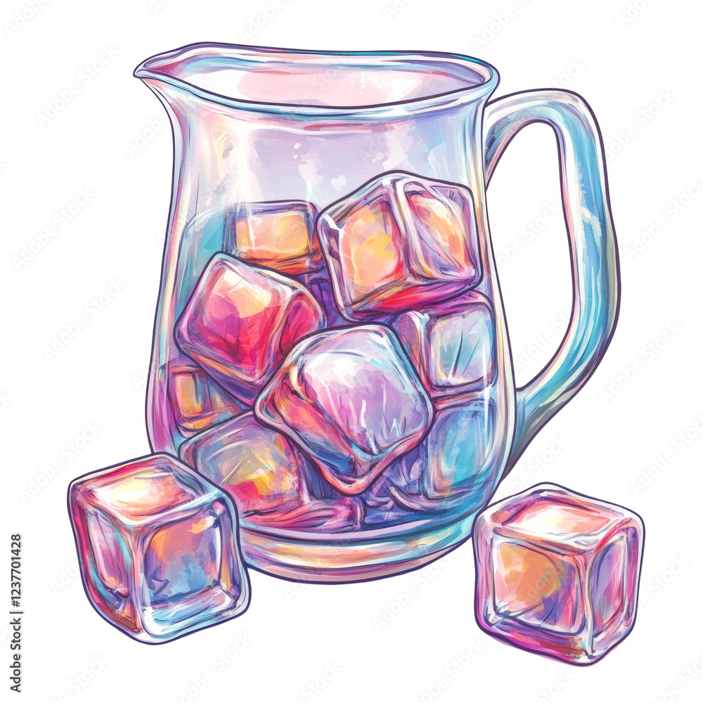 Aufkleber a stylized illustration depicts a glass pitcher containing several colorful ice cubes with two more 