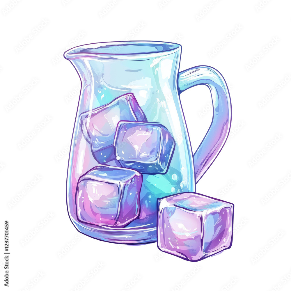Poster a stylized illustration of a glass pitcher containing several large iridescent ice cubes with one cu