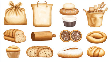 Bread watercolor icon of wheat food product. Loaf of rye and wheat bread, french baguette and croissant, cake, cupcake and toast, cookie, bun and bagel, flour bag, baker hat and wooden rolling pin