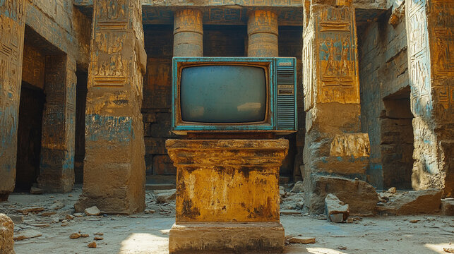 Vintage TV on a stone pedestal in the middle of an ancient civilization, very realistic photo --ar 16:9 --stylize 750 --v 6.1 Job ID: 911b3091-3663-4a2d-ba8d-938674baa184