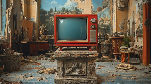 Vintage TV on a stone pedestal in the middle of an ancient civilization, very realistic photo --ar 16:9 --stylize 750 --v 6.1 Job ID: 911b3091-3663-4a2d-ba8d-938674baa184