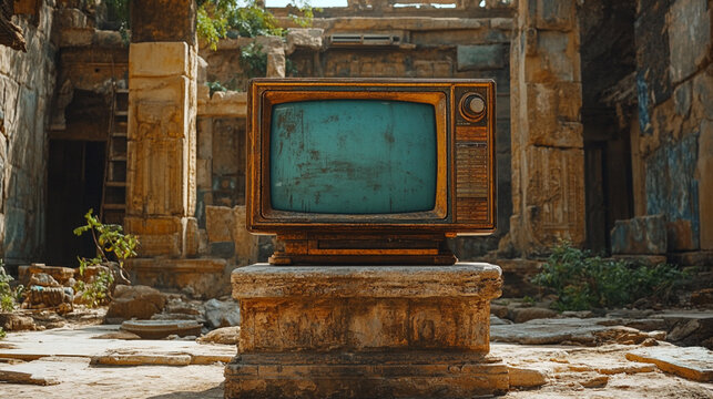 Vintage TV on a stone pedestal in the middle of an ancient civilization, very realistic photo --ar 16:9 --stylize 750 --v 6.1 Job ID: 911b3091-3663-4a2d-ba8d-938674baa184