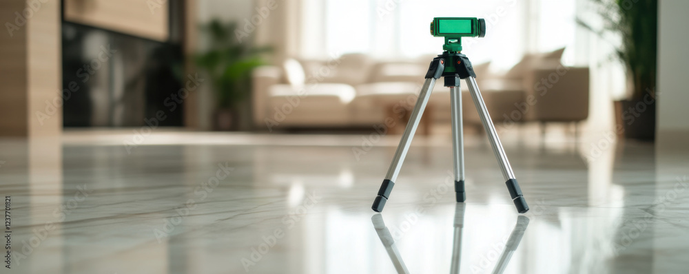 Poster ultra modern green laser level on steel tripod in bright interior. sleek design and functionality ma