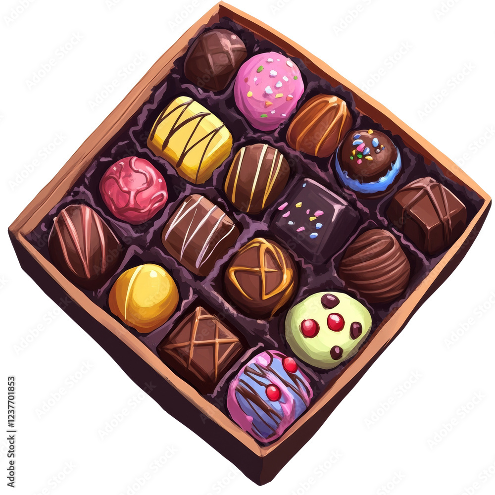 Poster A box of assorted chocolate candies with various fillings and toppings is shown.  The candies are colorful and visually appealing.